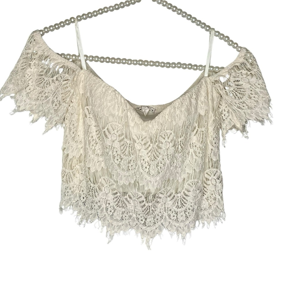 Beige Lace Crop Top Cold Shoulder S Sweetheart w Bra Boho Cowgirl Festival Fairy - Picture 2 of 12